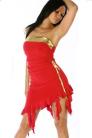 Red Strapless Dress with Gold Trim & Hanging Ruffles